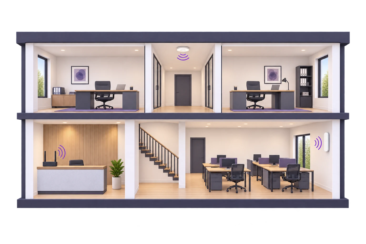 Schéma d’un bureau avec routeur à l’accueil, point d’accès au plafond du couloir et point d’accès mural dans l’open space